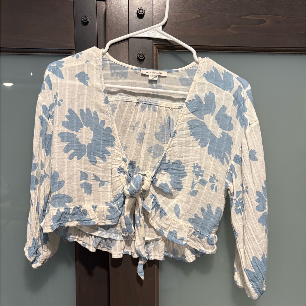American Eagle Outfitters Blue And White Tie Front Crop Blouse
